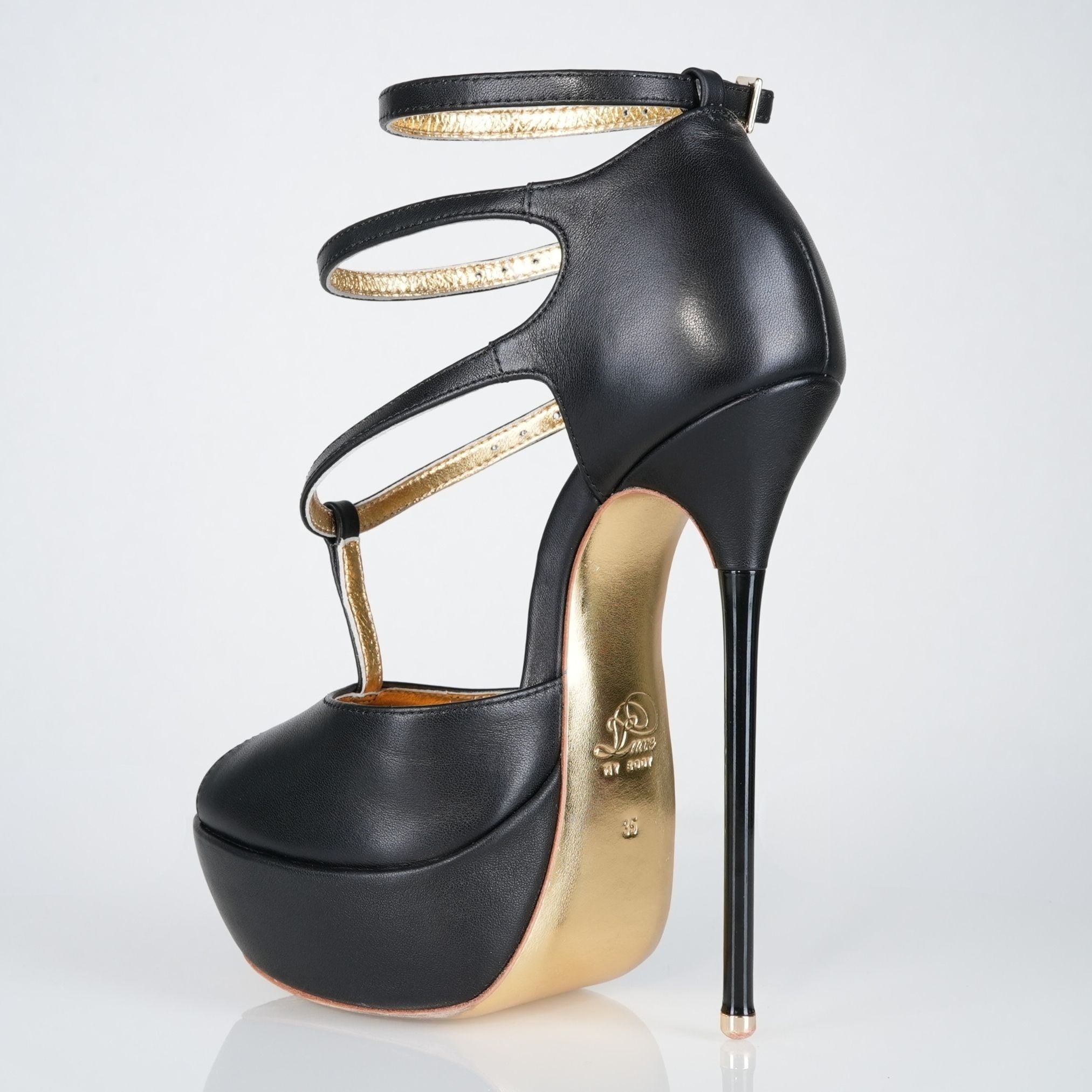 Princess black leather high heel sandals, 160mm superarch, 6 inch stilettos, Luxe My Body.