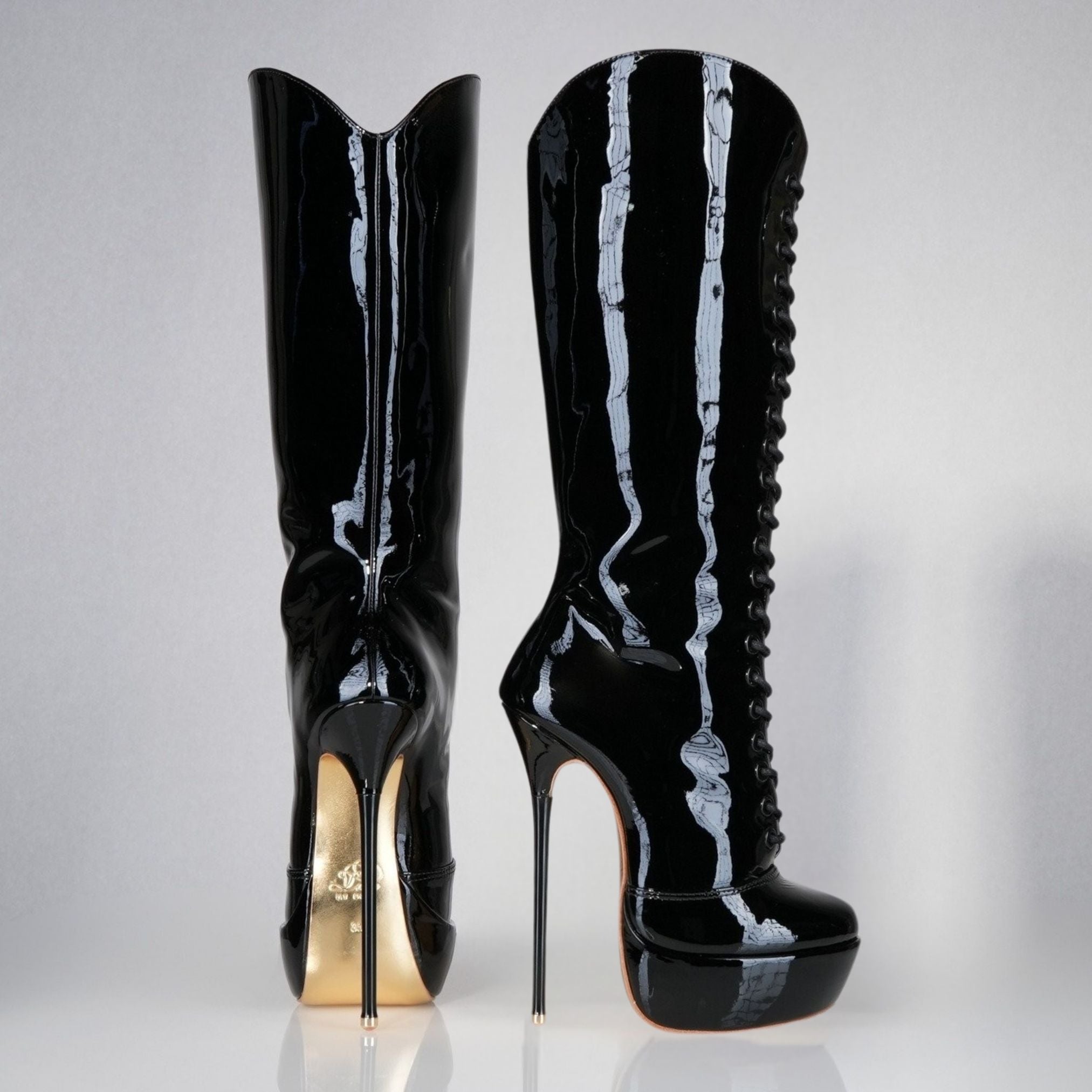 Mistress black patent high heel knee boots, 160mm superarch, 6 inch stilettos, Luxe My Body.