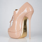 Empress beige patent high heel oxfords, 160mm superarch, 6 inch stilettos, Luxe My Body, closeup view.