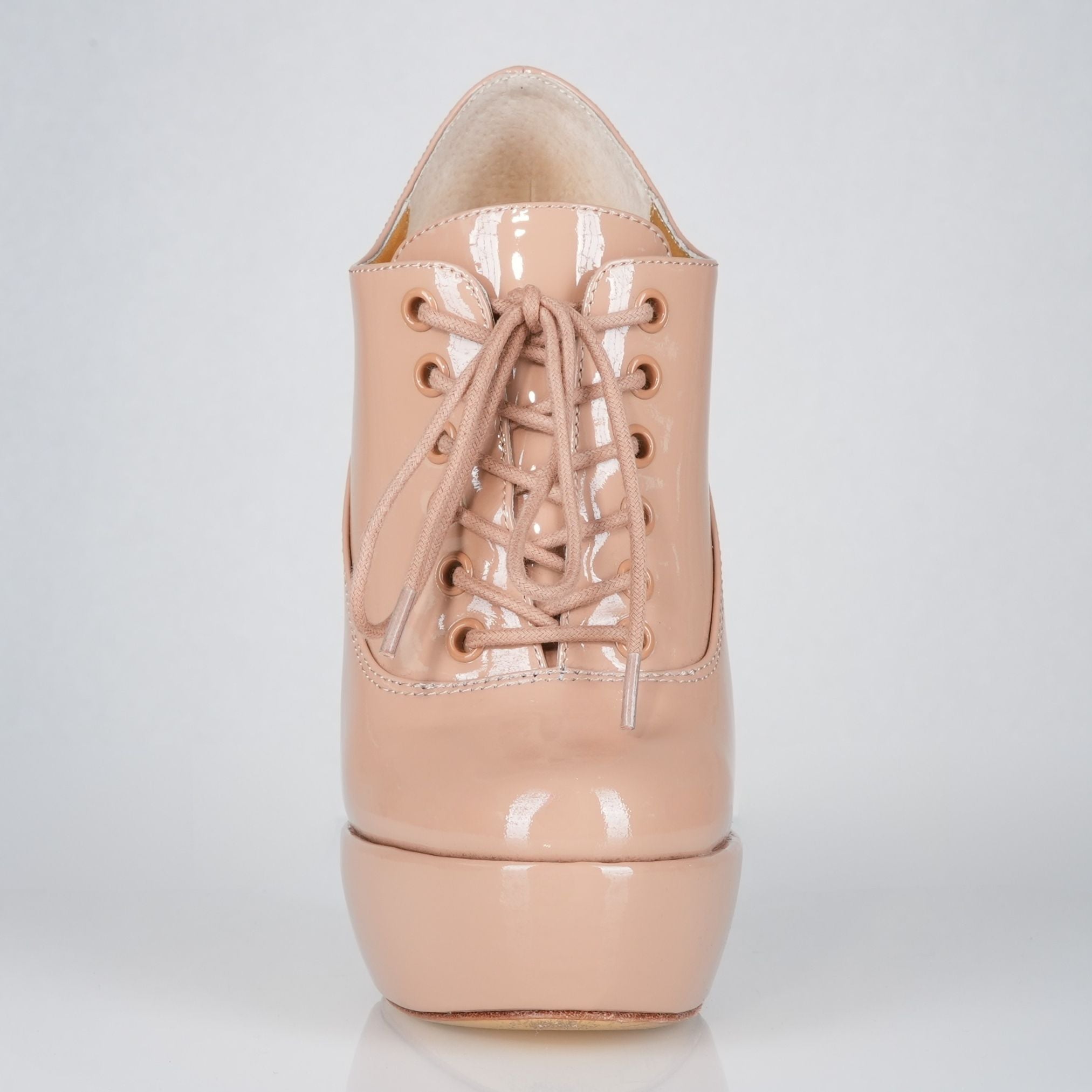 Empress beige patent high heel oxfords, 160mm superarch, 6 inch stilettos, Luxe My Body, front view.