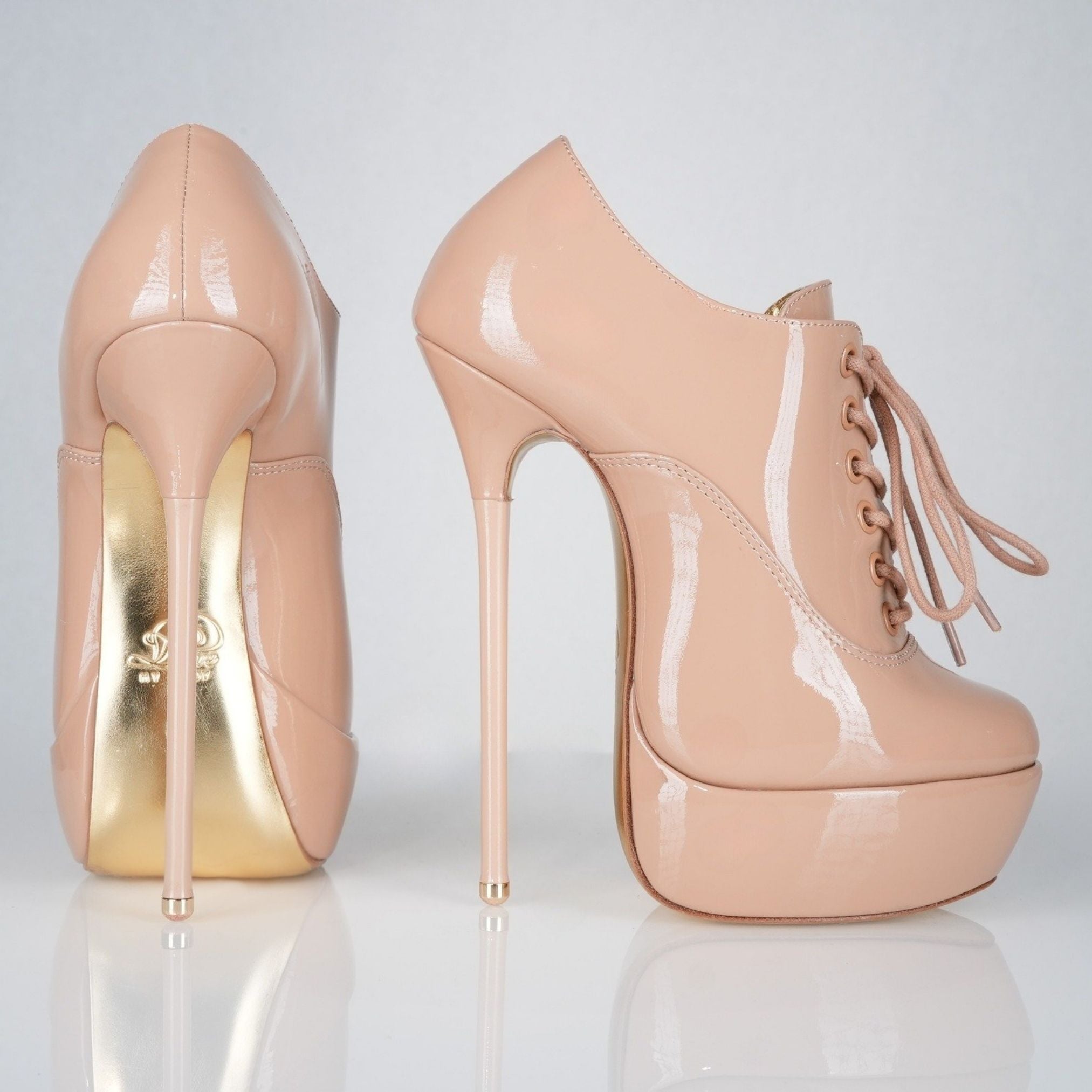 Empress beige patent high heel oxfords, 160mm superarch, 6 inch stilettos, Luxe My Body, profile view.