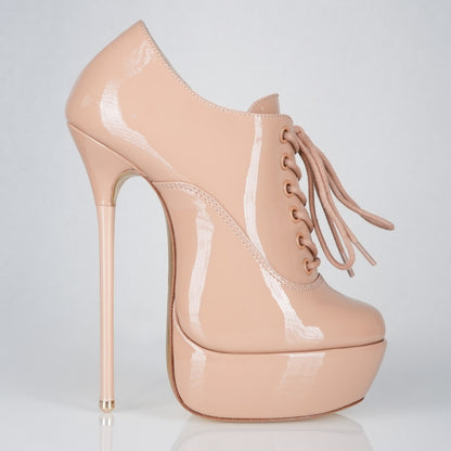 Empress beige patent 160mm stiletto high heels platform knee-high lace-up boots with superarch by Luxe My Body.