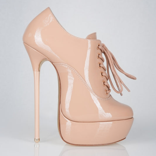 Empress beige patent 160mm stiletto high heels platform knee-high lace-up boots with superarch by Luxe My Body.