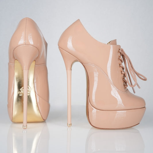 Empress beige patent 160mm stiletto high heels platform knee-high lace-up boots with superarch by Luxe My Body.