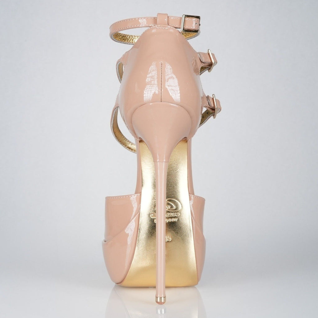 Princess beige patent high heel sandals, 160mm superarch, 6 inch stilettos, Luxe My Body, back view.