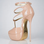 Princess beige patent high heel sandals, 160mm superarch, 6 inch stilettos, Luxe My Body, closeup view.
