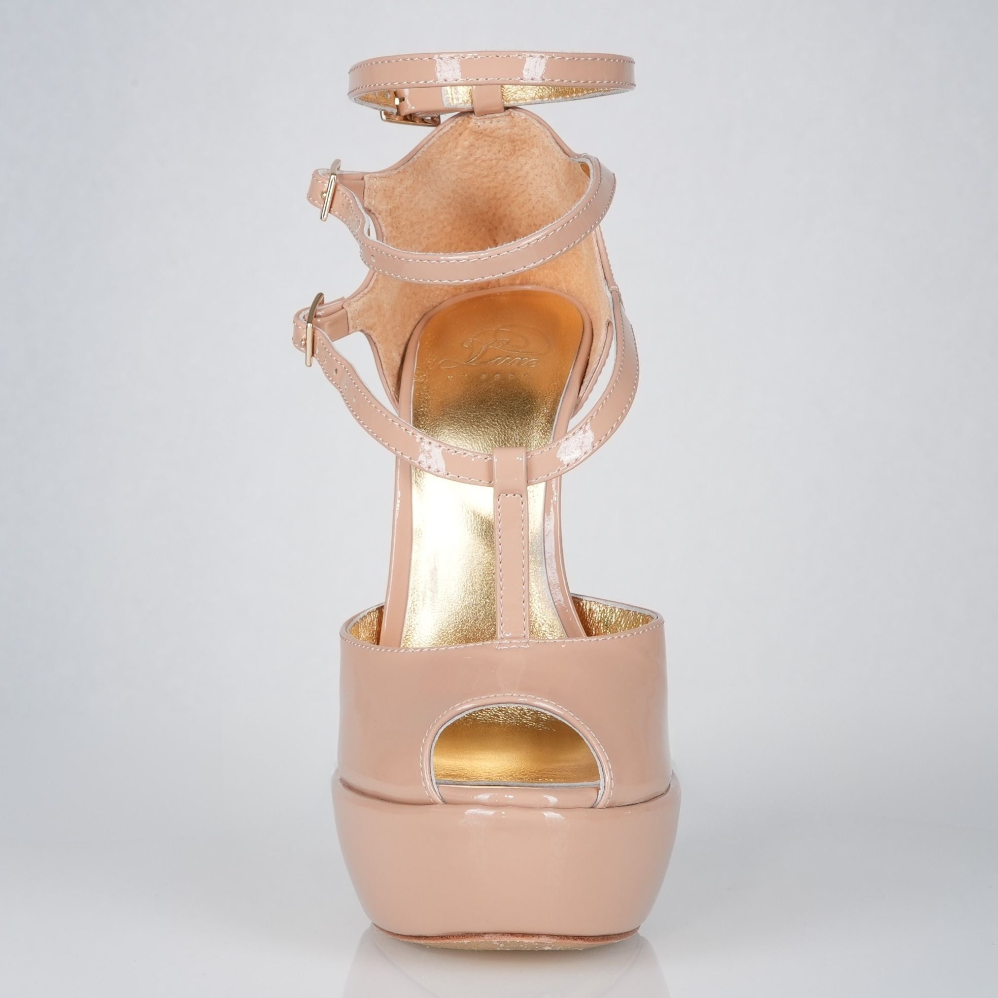 Princess beige patent high heel sandals, 160mm superarch, 6 inch stilettos, Luxe My Body, front view.