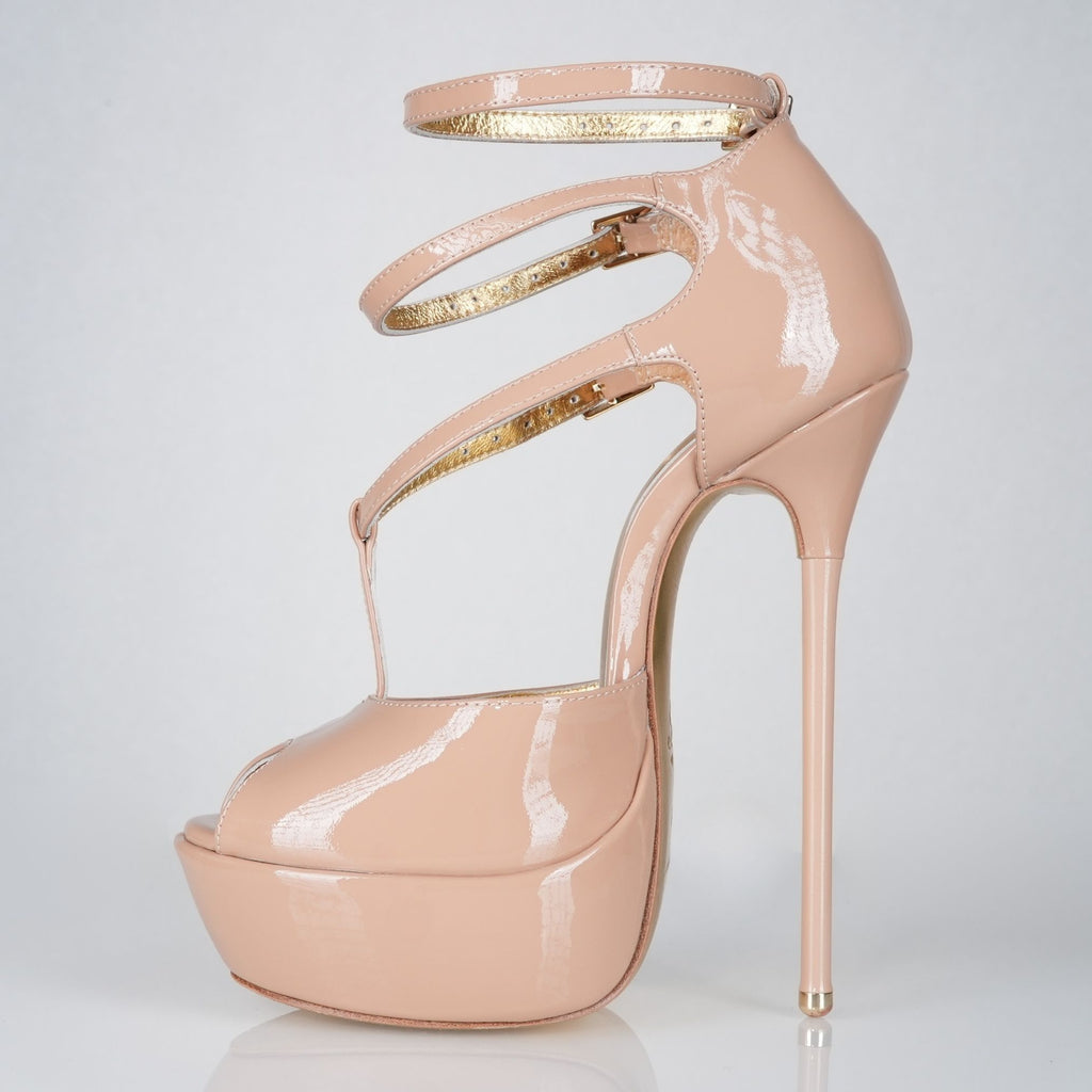 Princess beige patent high heel sandals, 160mm superarch, 6 inch stilettos, Luxe My Body, left view.