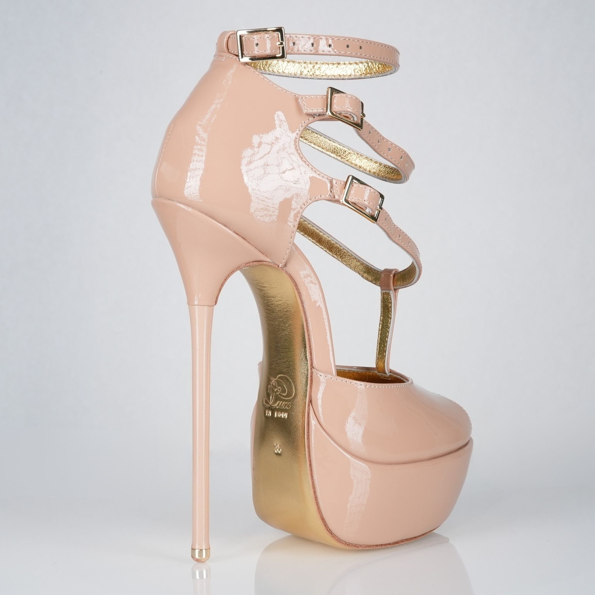 Princess beige patent high heel sandals, 160mm superarch, 6 inch stilettos, Luxe My Body, right view.