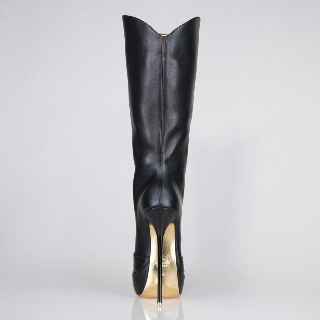 Mistress black leather patent high heel knee boots, 160mm superarch, 6 inch stilettos, Luxe My Body, back view.