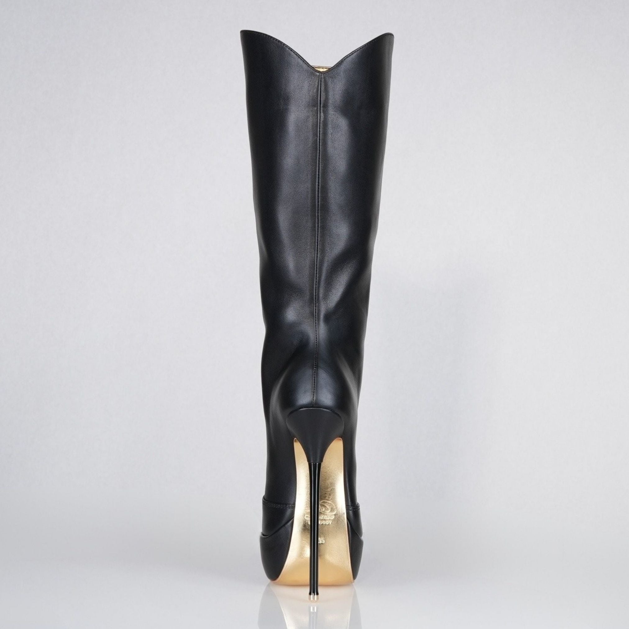 Black leather 160mm stiletto high heel knee boots, round metal tips, extreme 90 degree superarch, Mistress Collection, back view.