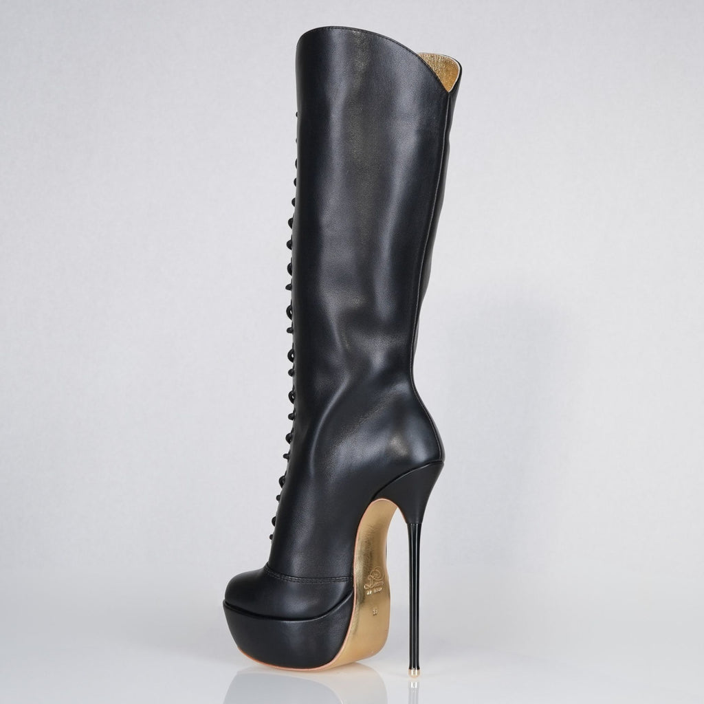 Mistress black leather patent high heel knee boots, 160mm superarch, 6 inch stilettos, Luxe My Body, closeup view.