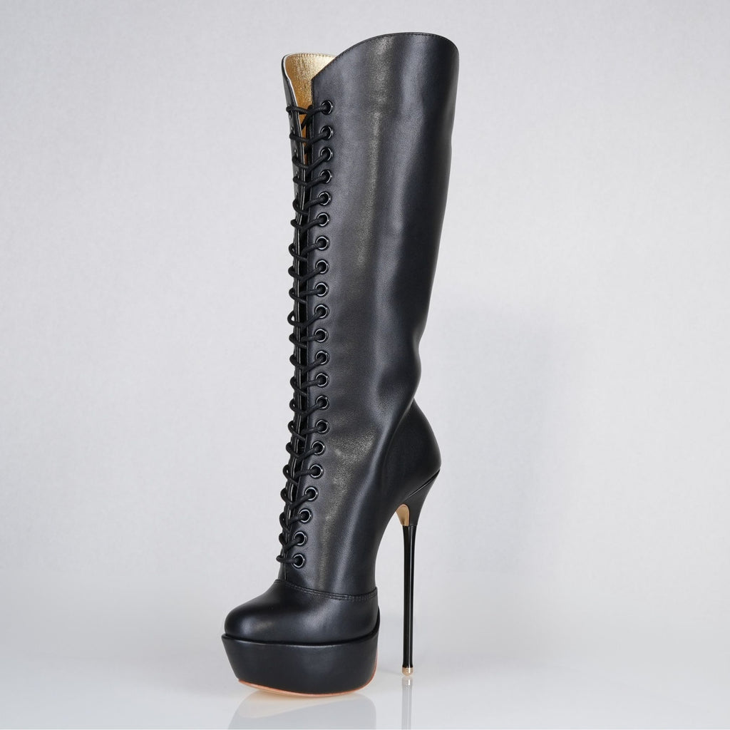 Mistress black leather patent high heel knee boots, 160mm superarch, 6 inch stilettos, Luxe My Body, detail view.