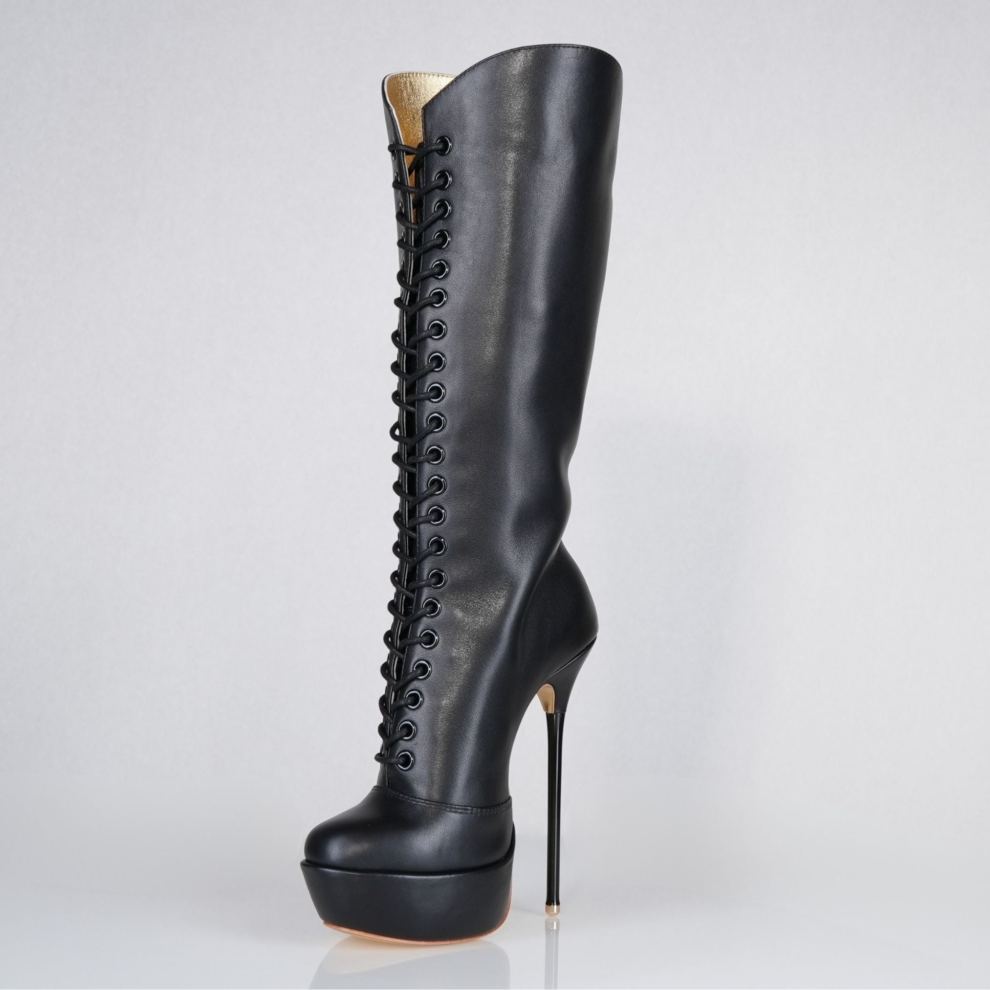 Mistress black leather patent high heel knee boots, 160mm superarch, 6 inch stilettos, Luxe My Body, detail view.