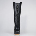 Mistress black leather patent high heel knee boots, 160mm superarch, 6 inch stilettos, Luxe My Body, front view.