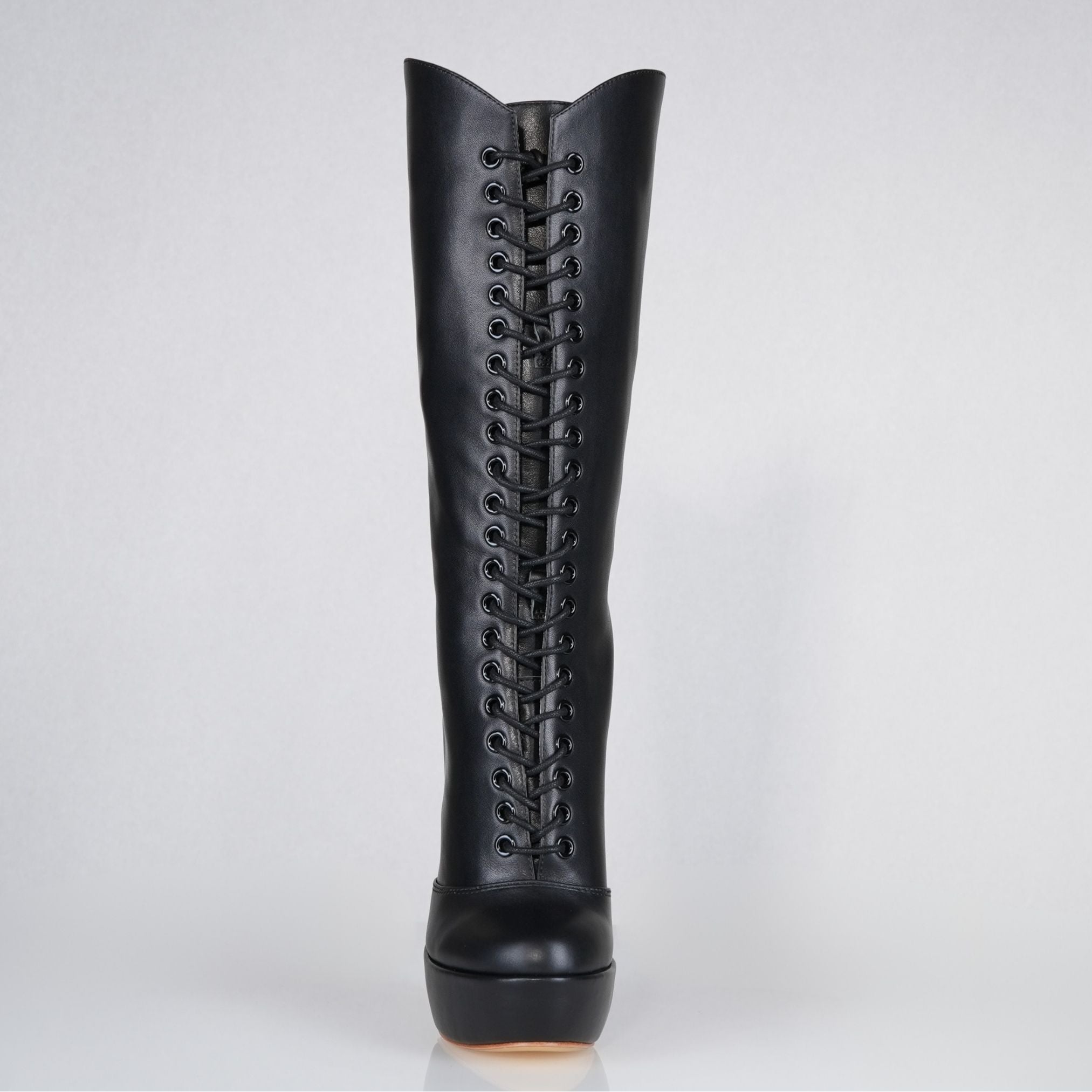 Mistress black leather patent high heel knee boots, 160mm superarch, 6 inch stilettos, Luxe My Body, front view.