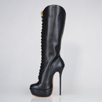 Mistress black leather patent high heel knee boots, 160mm superarch, 6 inch stilettos, Luxe My Body, left view.