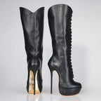 Mistress black leather patent high heel knee boots, 160mm superarch, 6 inch stilettos, Luxe My Body, profile view.