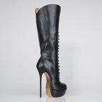 Mistress black leather patent high heel knee boots, 160mm superarch, 6 inch stilettos, Luxe My Body, right view.