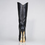 black-leather-high-heel-knee-boots-back - Luxe My Body