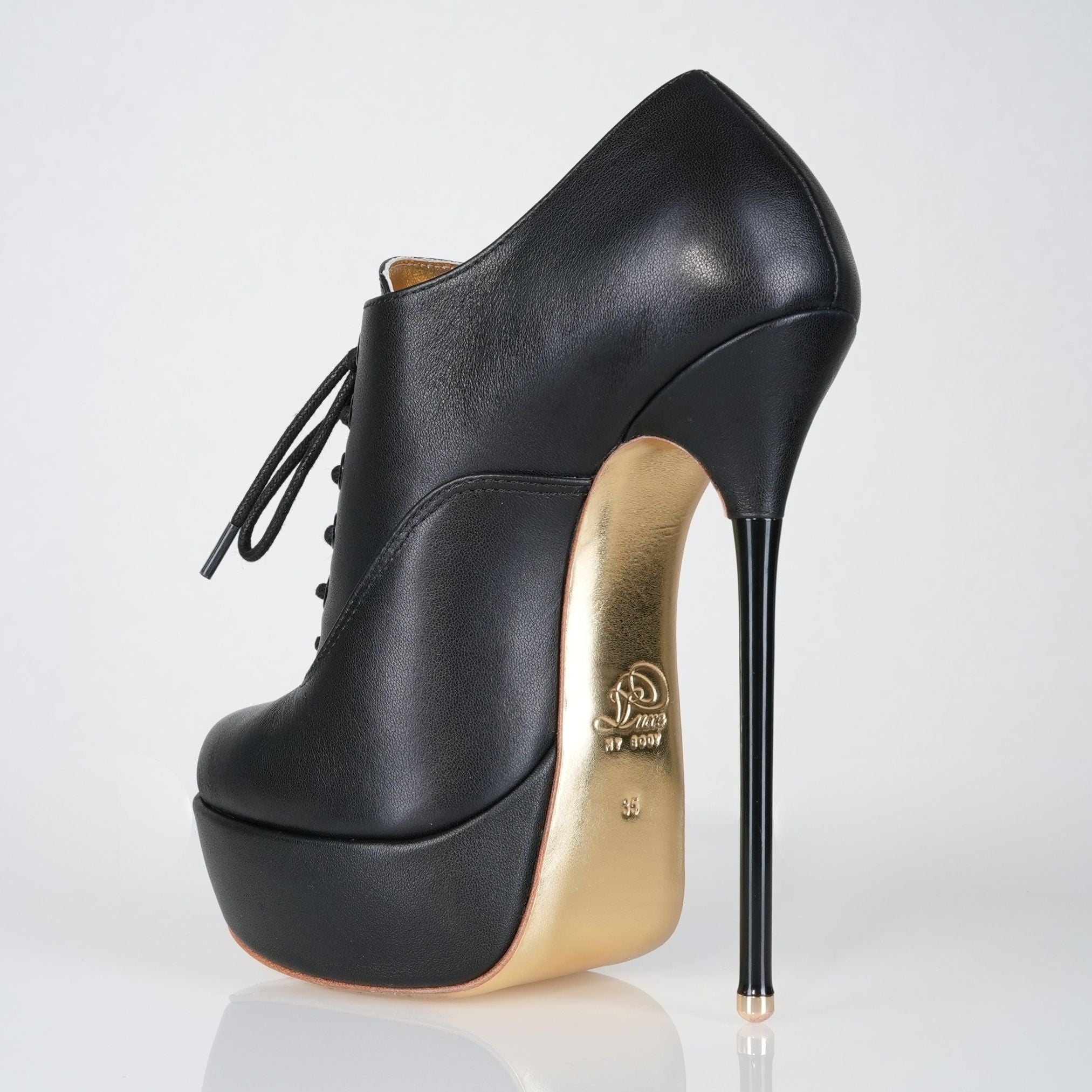 Empress black leather high heel oxfords, 160mm superarch, 6 inch stilettos, Luxe My Body, closeup view.