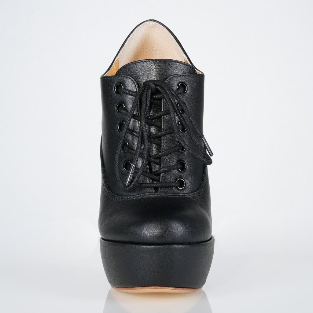 Empress black leather high heel oxfords, 160mm superarch, 6 inch stilettos, Luxe My Body, front view.