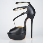 Princess black leather high heel sandals, 160mm superarch, 6 inch stilettos, Luxe My Body, left view.