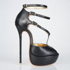 Princess black leather high heel sandals, 160mm superarch, 6 inch stilettos, Luxe My Body.