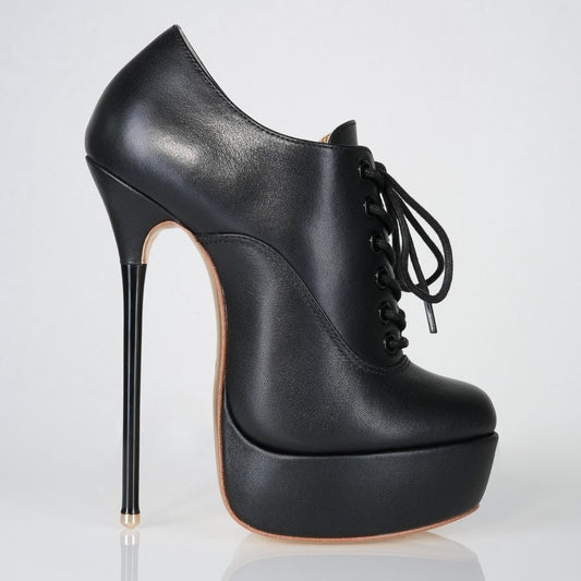 Empress black leather 160mm stiletto high heels platform knee-high lace-up boots with superarch by Luxe My Body.