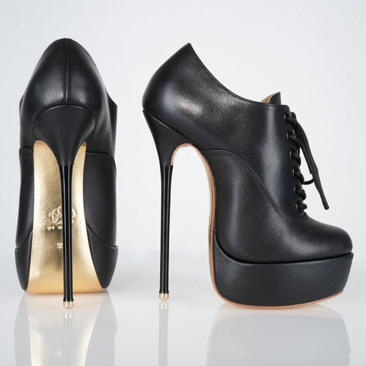 Empress black leather 160mm stiletto high heels platform knee-high lace-up boots with superarch by Luxe My Body.