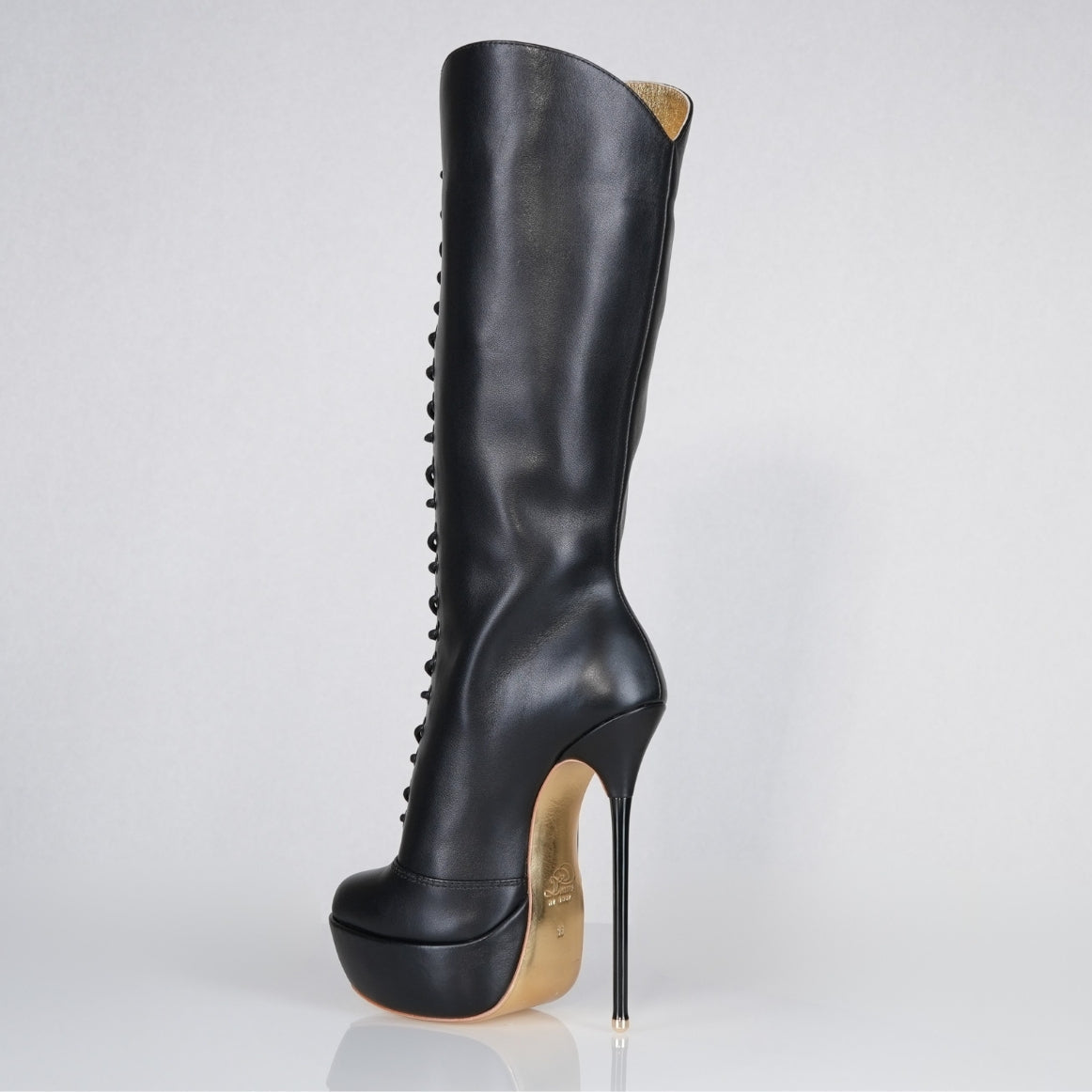 black-leather-superarch-high-heel-boots-back-left - Luxe My Body