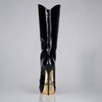 Mistress black patent high heel knee boots, 160mm superarch, 6 inch stilettos, Luxe My Body, back view.
