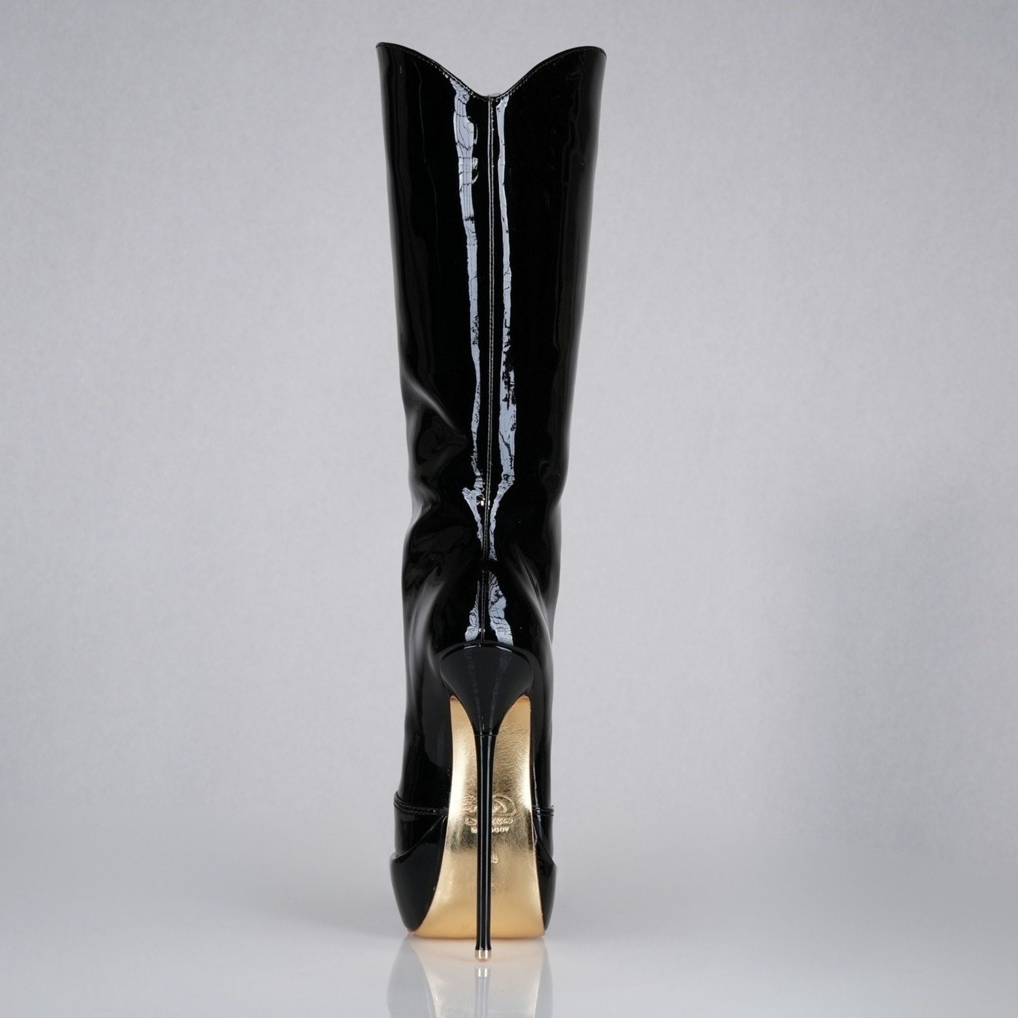 Black patent 160mm stiletto high heel knee boots, round metal tips, extreme 90 degree superarch, Mistress Collection, back view.