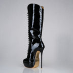 Mistress black patent high heel knee boots, 160mm superarch, 6 inch stilettos, Luxe My Body, closeup view.