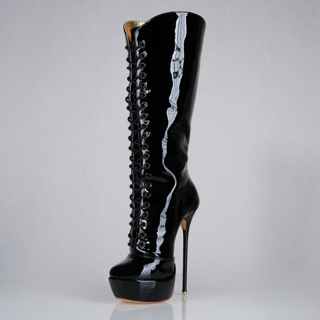 Mistress black patent high heel knee boots, 160mm superarch, 6 inch stilettos, Luxe My Body, detail view.