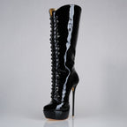 Mistress black patent high heel knee boots, 160mm superarch, 6 inch stilettos, Luxe My Body, detail view.