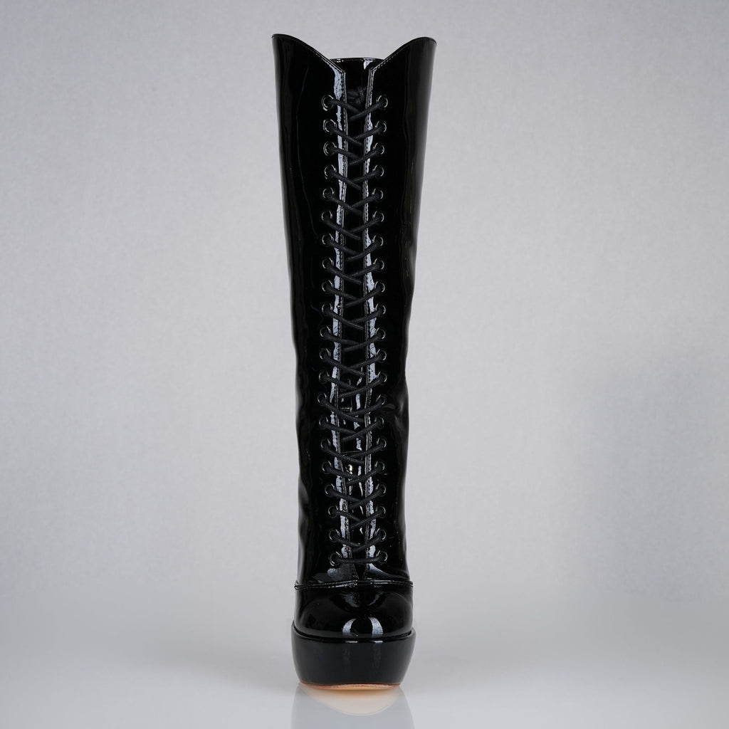 Mistress black patent high heel knee boots, 160mm superarch, 6 inch stilettos, Luxe My Body, front view.