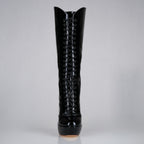 Mistress black patent high heel knee boots, 160mm superarch, 6 inch stilettos, Luxe My Body, front view.