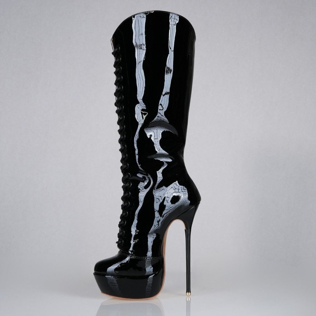 Mistress black patent high heel knee boots, 160mm superarch, 6 inch stilettos, Luxe My Body, right view.