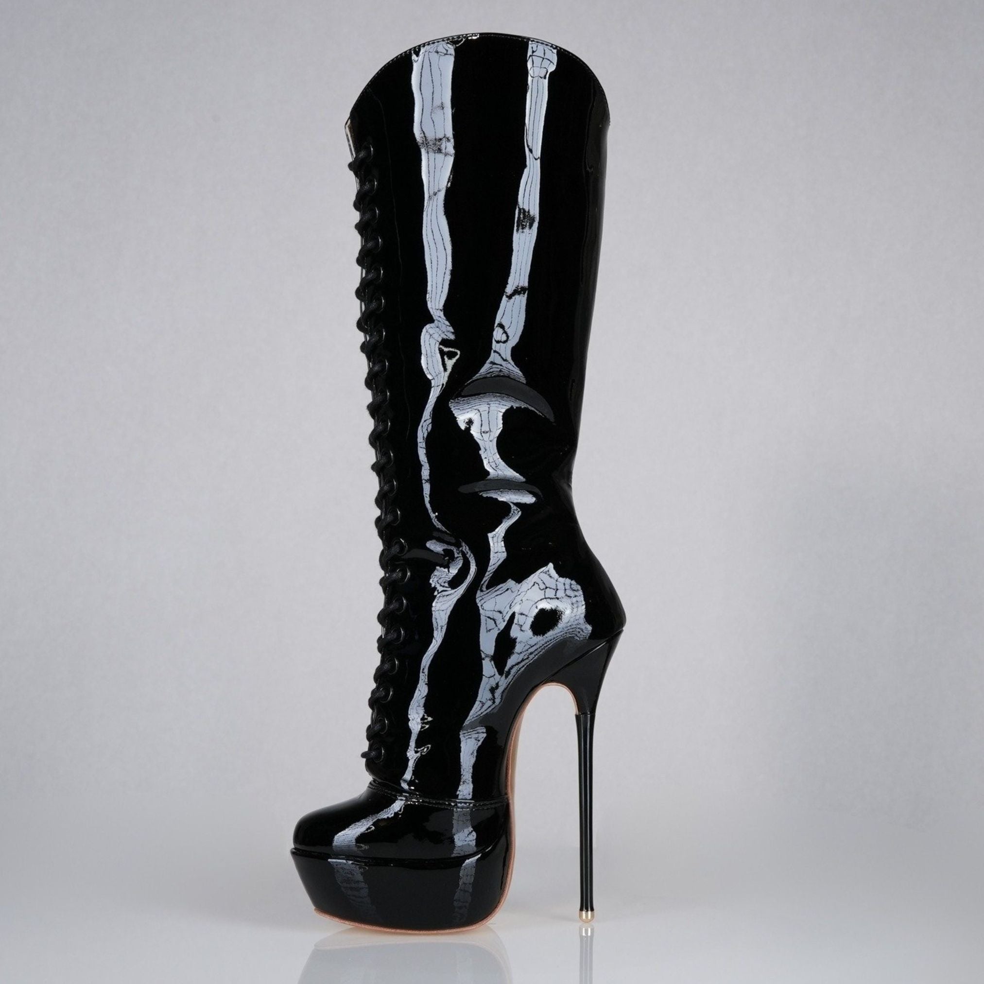 Mistress black patent high heel knee boots, 160mm superarch, 6 inch stilettos, Luxe My Body, right view.