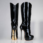 Mistress black patent high heel knee boots, 160mm superarch, 6 inch stilettos, Luxe My Body, profile view.