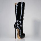 Mistress black patent high heel knee boots, 160mm superarch, 6 inch stilettos, Luxe My Body, right view.