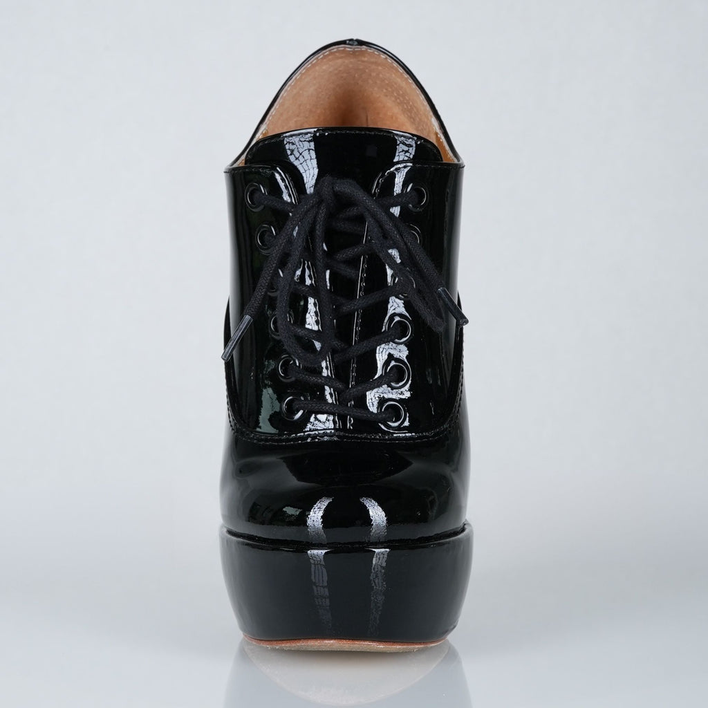 Empress black patent high heel oxfords, 160mm superarch, 6 inch stilettos, Luxe My Body, front view.