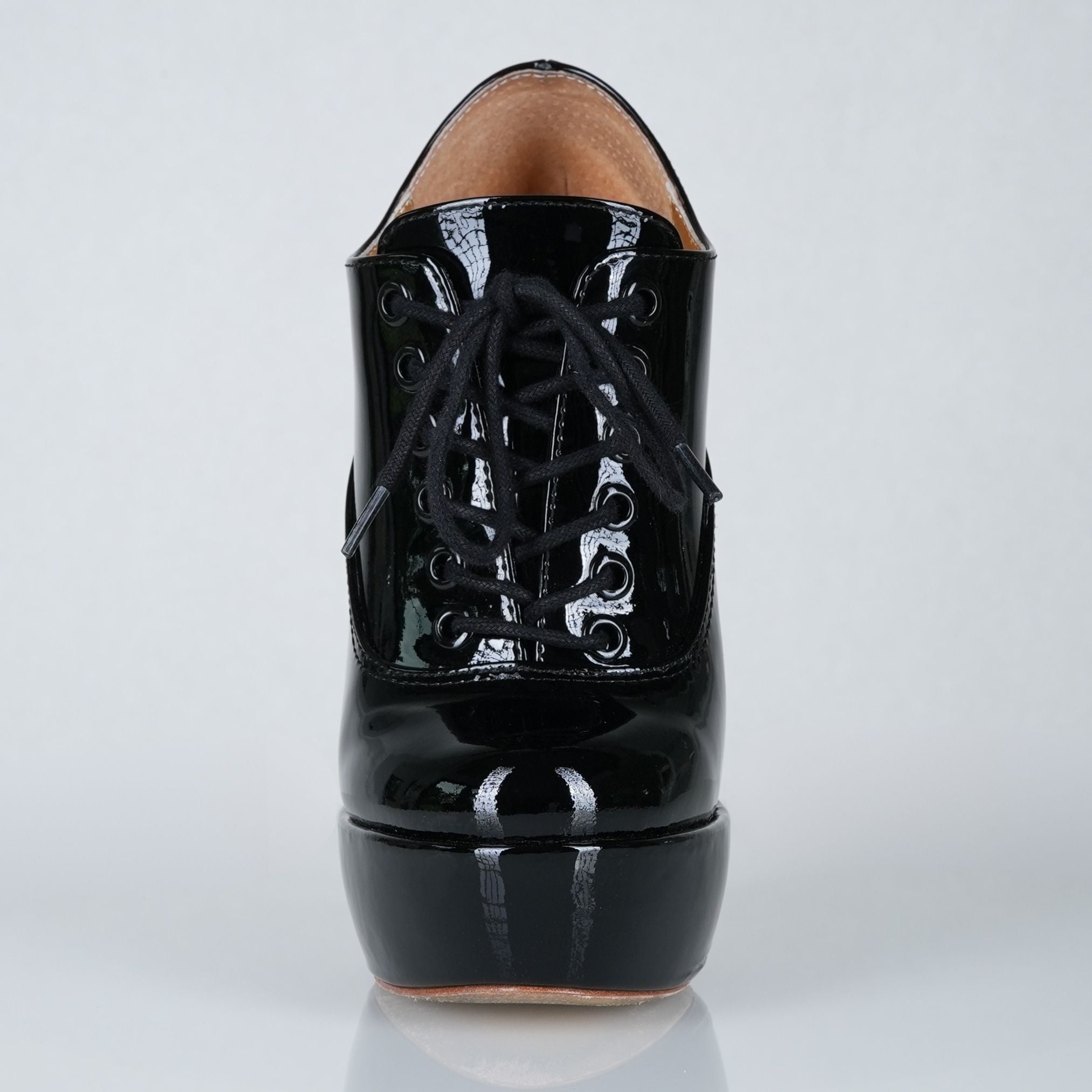 Empress black patent high heel oxfords, 160mm superarch, 6 inch stilettos, Luxe My Body, front view.