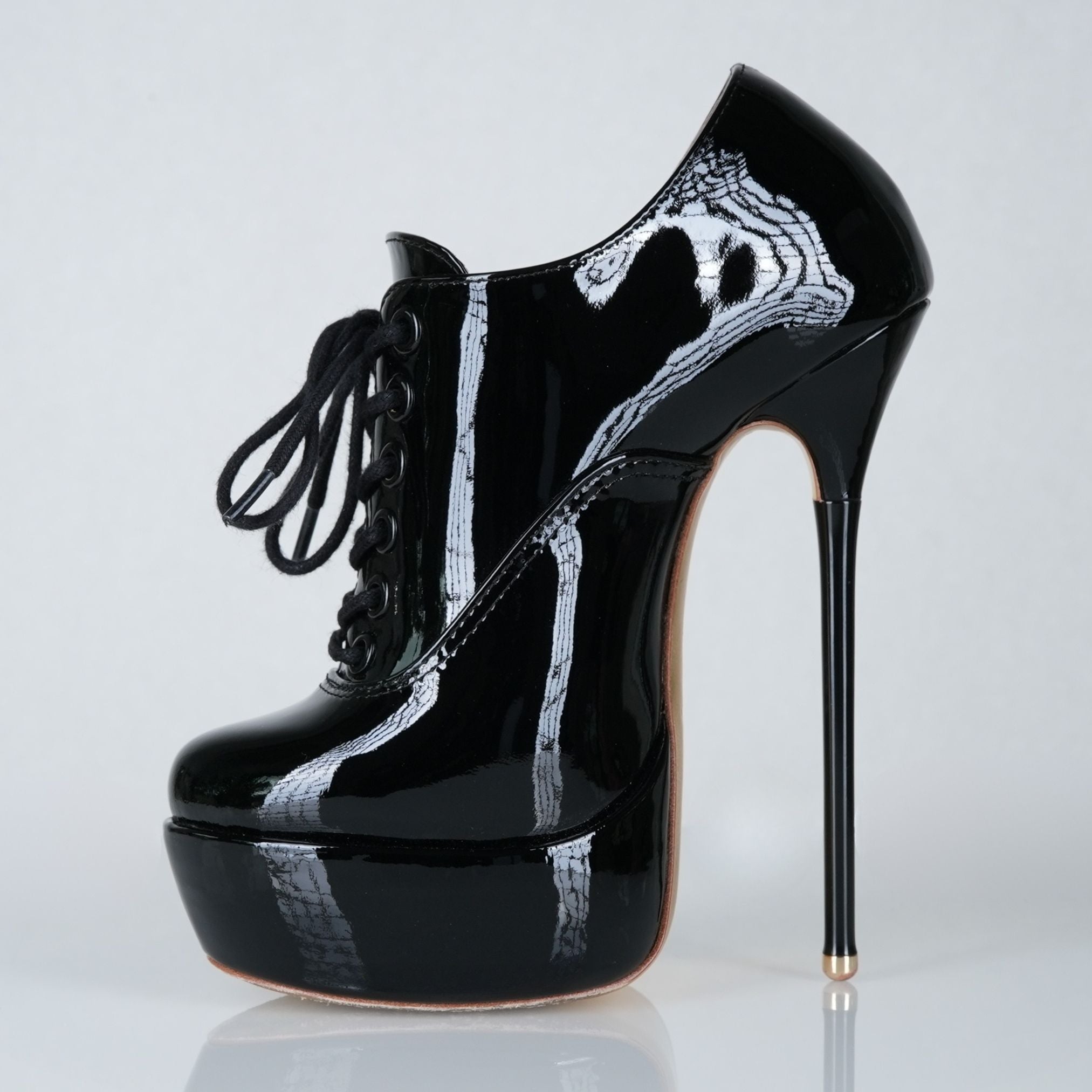 Empress black patent high heel oxfords, 160mm superarch, 6 inch stilettos, Luxe My Body, left view.