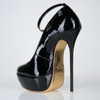Goddess black patent high heel pumps, 160mm superarch, 6 inch stilettos, Luxe My Body, closeup view.