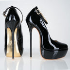 Goddess black patent high heel pumps, 160mm superarch, 6 inch stilettos, Luxe My Body, profile view.