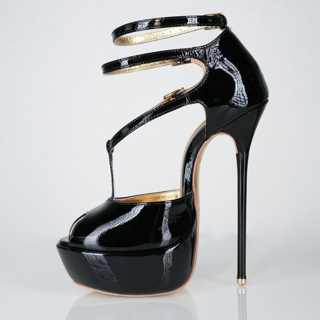 Princess black patent high heel sandals, 160mm superarch, 6 inch stilettos, Luxe My Body, left view.