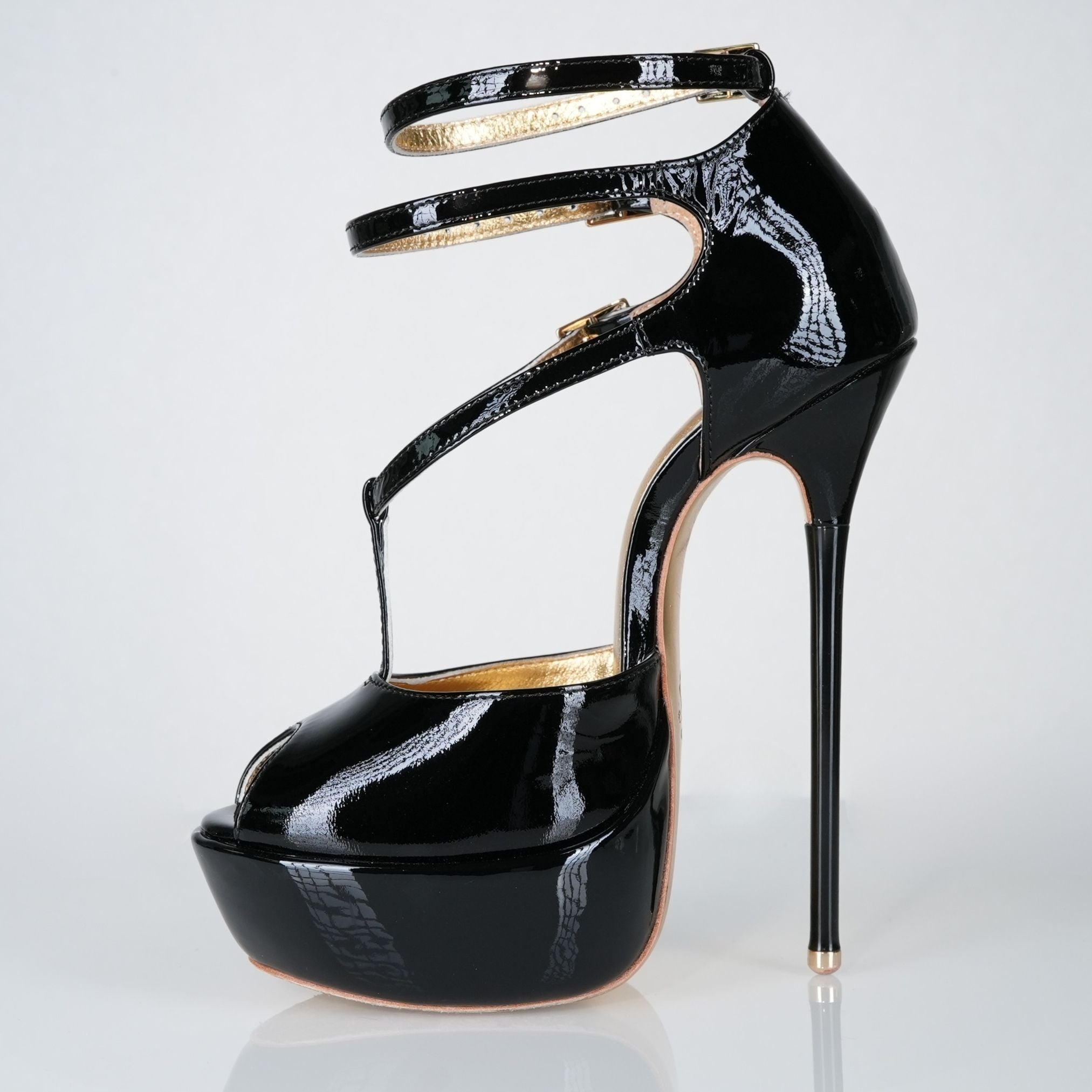Princess black patent high heel sandals, 160mm superarch, 6 inch stilettos, Luxe My Body, left view.