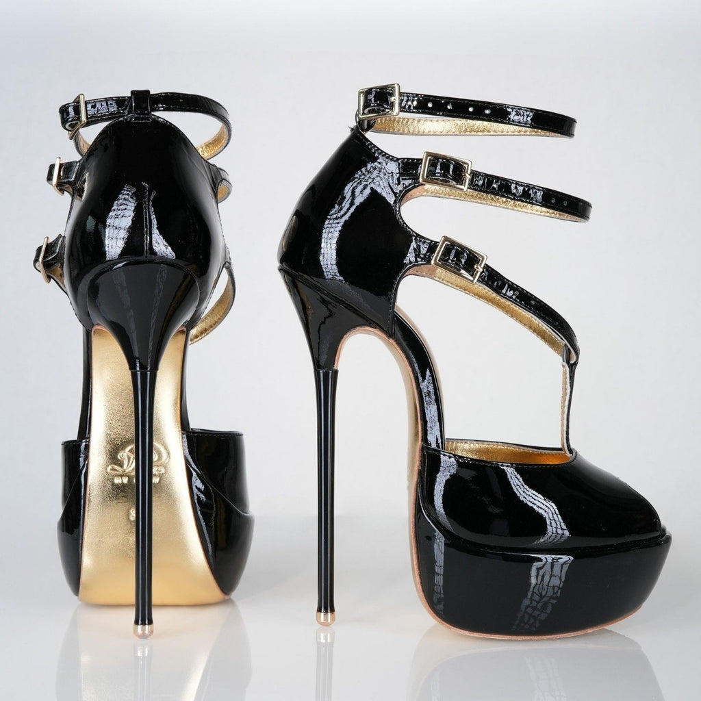 Princess black patent high heel sandals, 160mm superarch, 6 inch stilettos, Luxe My Body, profile view.